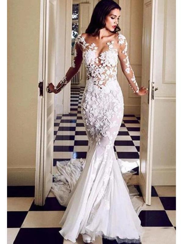 Sexy Long Sleeves See Through Mermaid Wedding Dresses Online, Cheap We ...