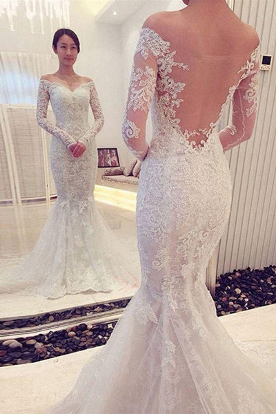 Sexy See Through Long Sleeve Lace Mermaid Wedding Party Dresses, WD011 ...