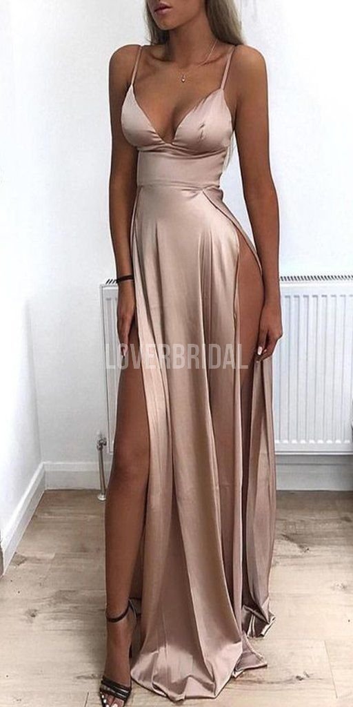 Sexy Side Slit Spaghetti Straps Long Evening Prom Dresses Evening Par Loverbridal 4044