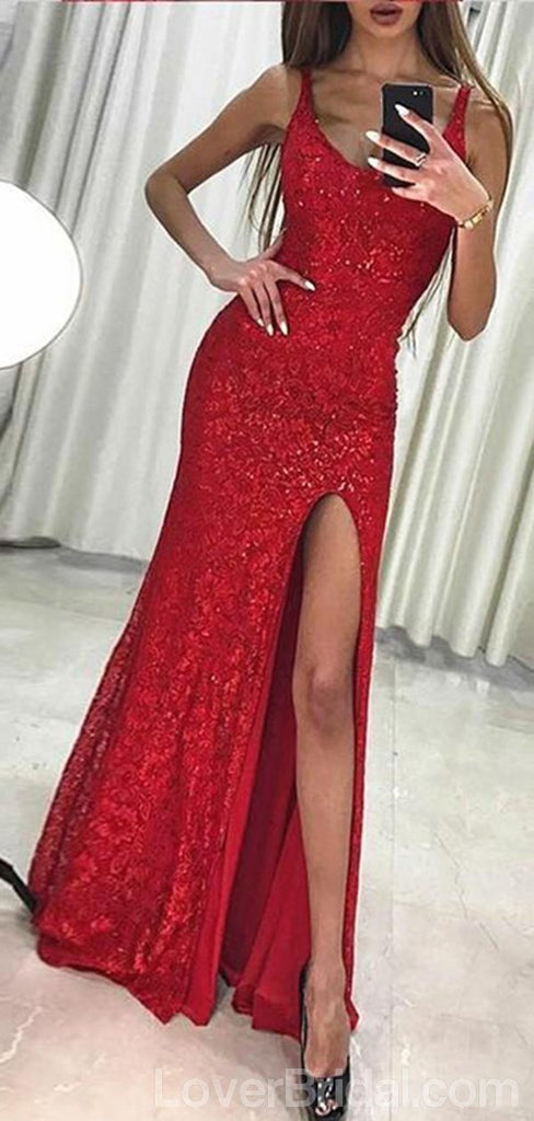 Sexy Sparkly Red Mermaid Side Slit Long Evening Prom Dresses, Cheap Cu ...