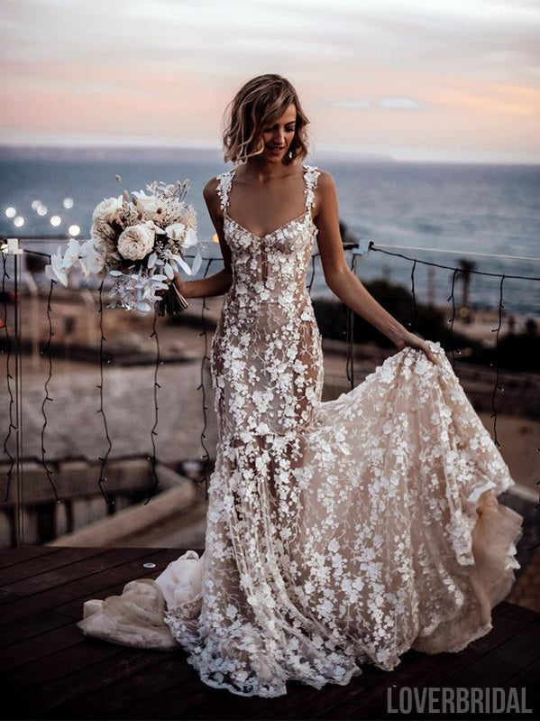Sexy Straps Lace Mermaid Boho Wedding Dresses Online, WD725 – LoverBridal