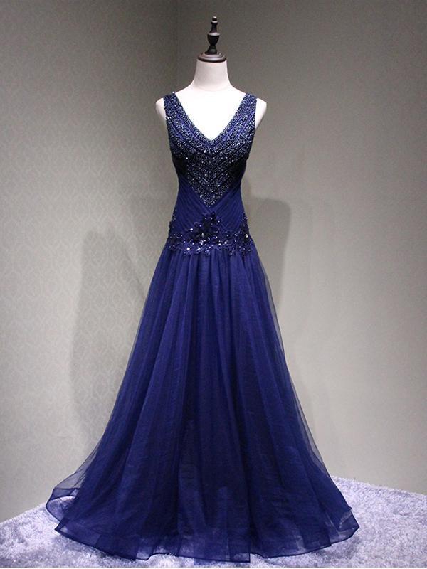 Sexy V Neck Navy Blue Beaded A Line Long Evening Prom Dresses 17622 Loverbridal 