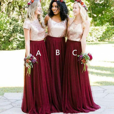 rose gold and maroon bridesmaid dresses