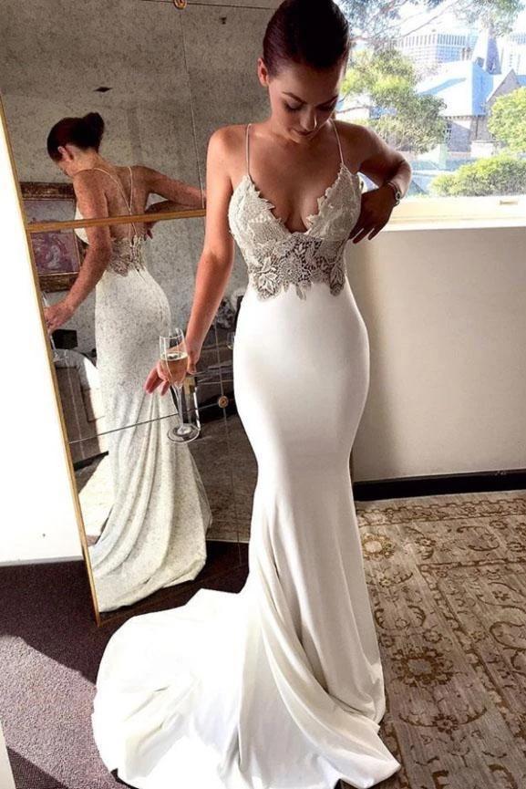 spaghetti strap lace mermaid wedding dress