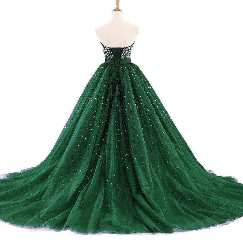 Strapless Emerald Green Tulle Beaded A Line Cheap Evening Prom Dresses Loverbridal 1848