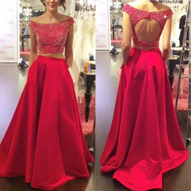 Two Pieces Backless Red Long Prom Dresses, Sexy Evening Prom Dress, Be ...