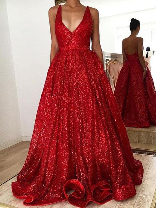 V Neck Backless Sparkly Red A-line Long Evening Prom Dresses, 17666 ...