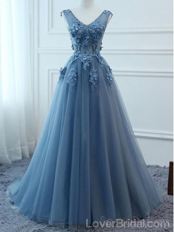 V Neck Dusty Blue Lace Beaded Long Evening Prom Dresses, Cheap Custom ...