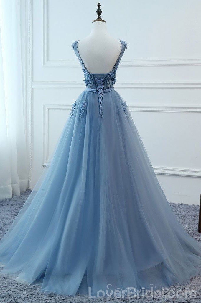 V Neck Dusty Blue Lace Beaded Long Evening Prom Dresses, Cheap Custom ...