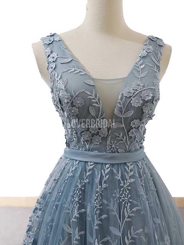 V Neck Dusty Blue Lace Long Evening Prom Dresses, Evening Party Prom D ...