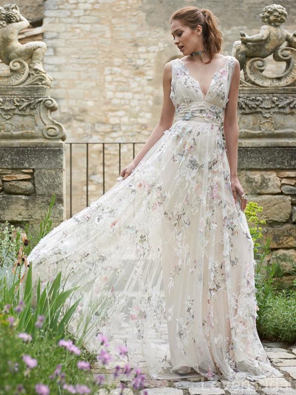 V-Neck Flower Cheap Wedding Dresses Online, Cheap Unique Bridal Dresse ...