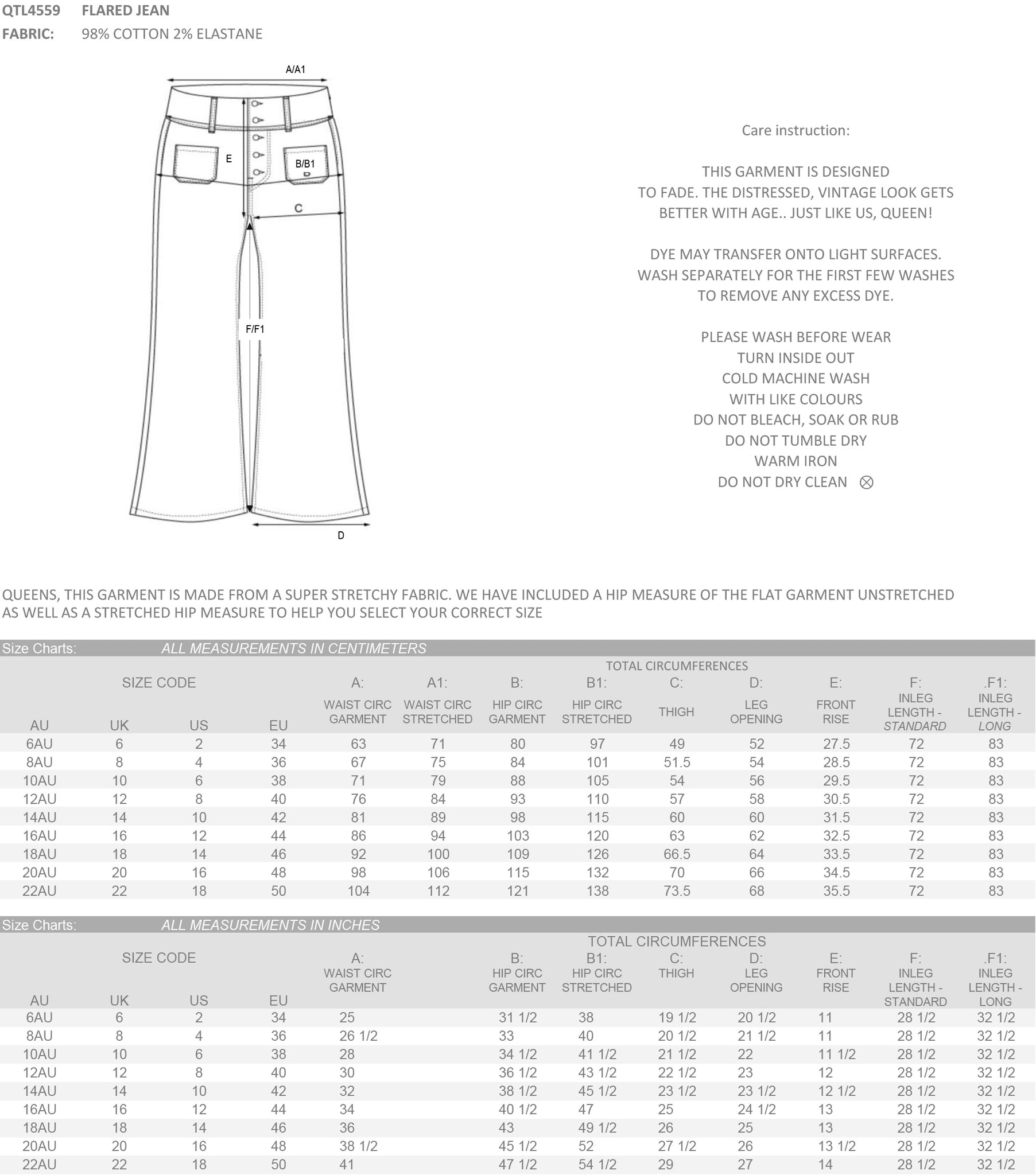 flared jeans size chart