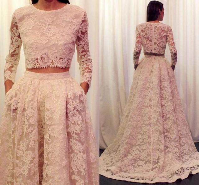 baby pink lace prom dress