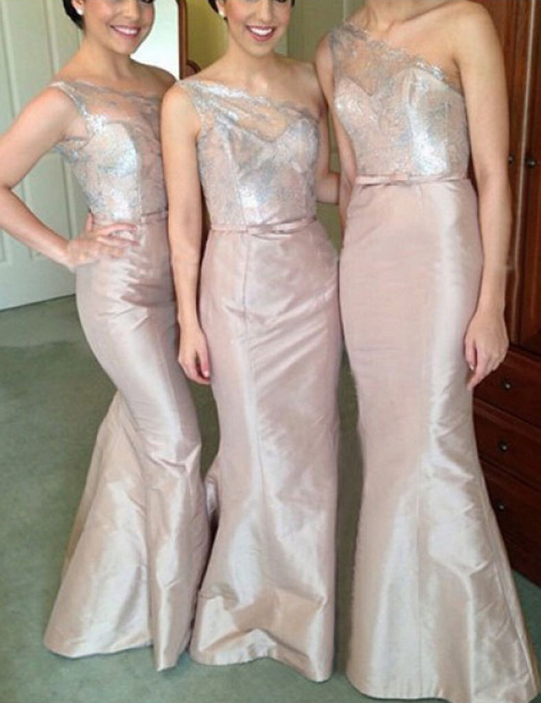 Light Blush Bridesmaid Dress, One Shoulder Bridesmaid Dress,Lace Top B ...