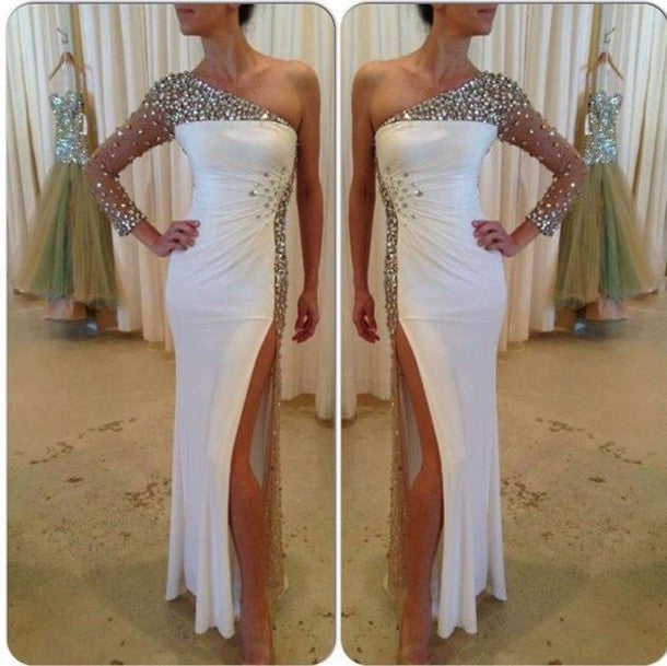 one shoulder white formal dress