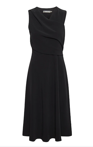 A long, black dress featuring a wraparound design perfect for a black tie event