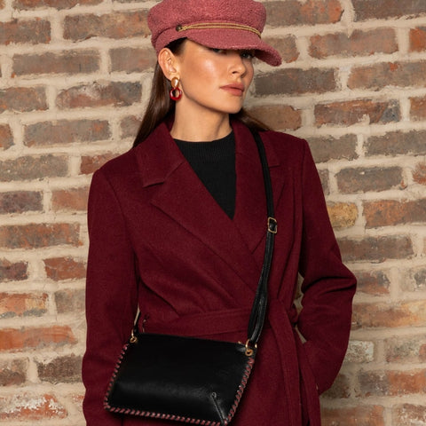 Burgundy coat with pink hat