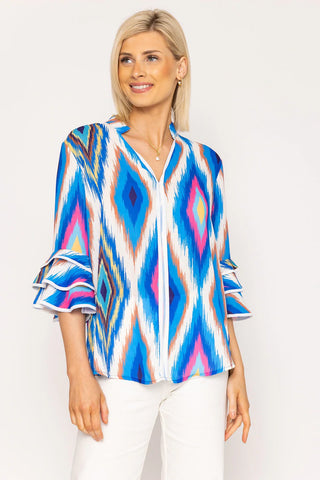 Pala D'oro V-Neck Frill Sleeve Top in Blue Print