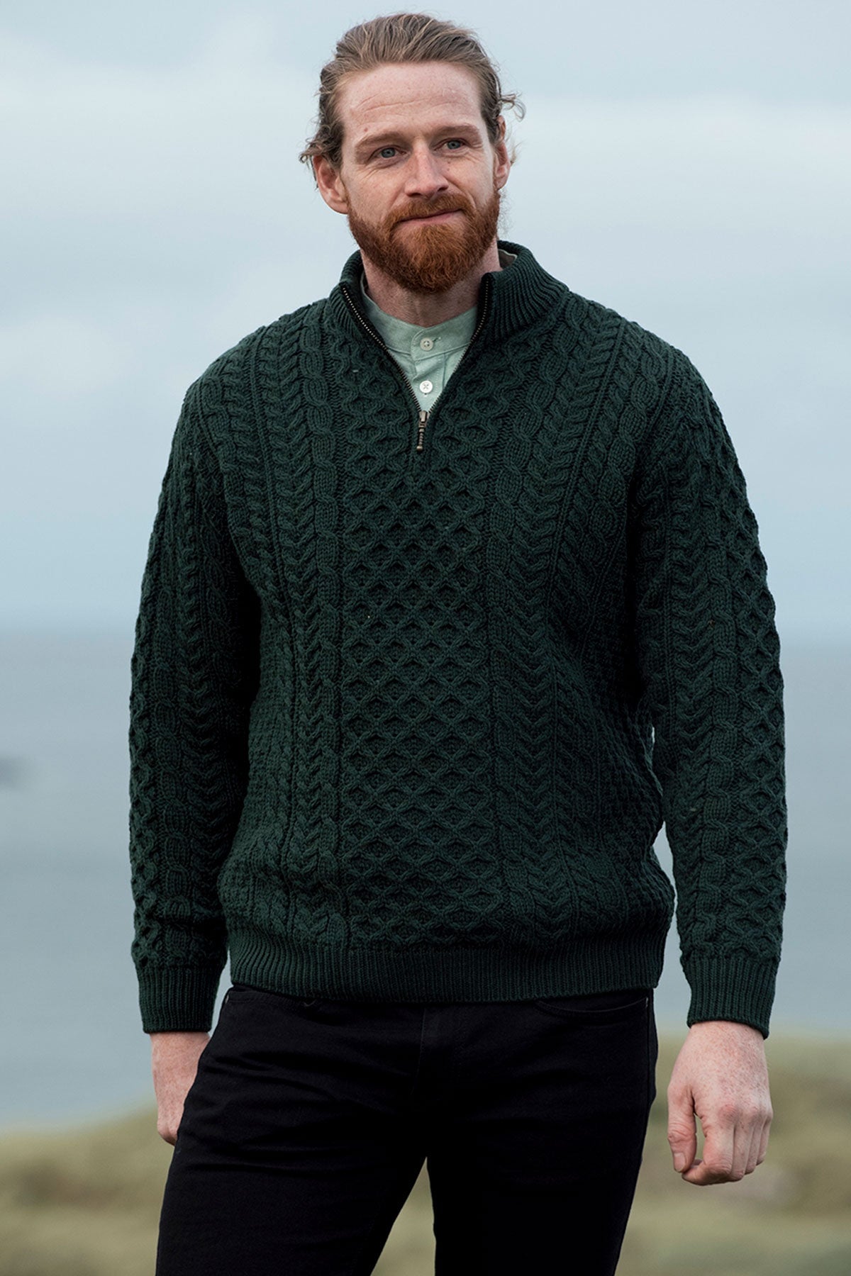 Merino Wool Sweater with Zip in Khaki – Carraig Donn
