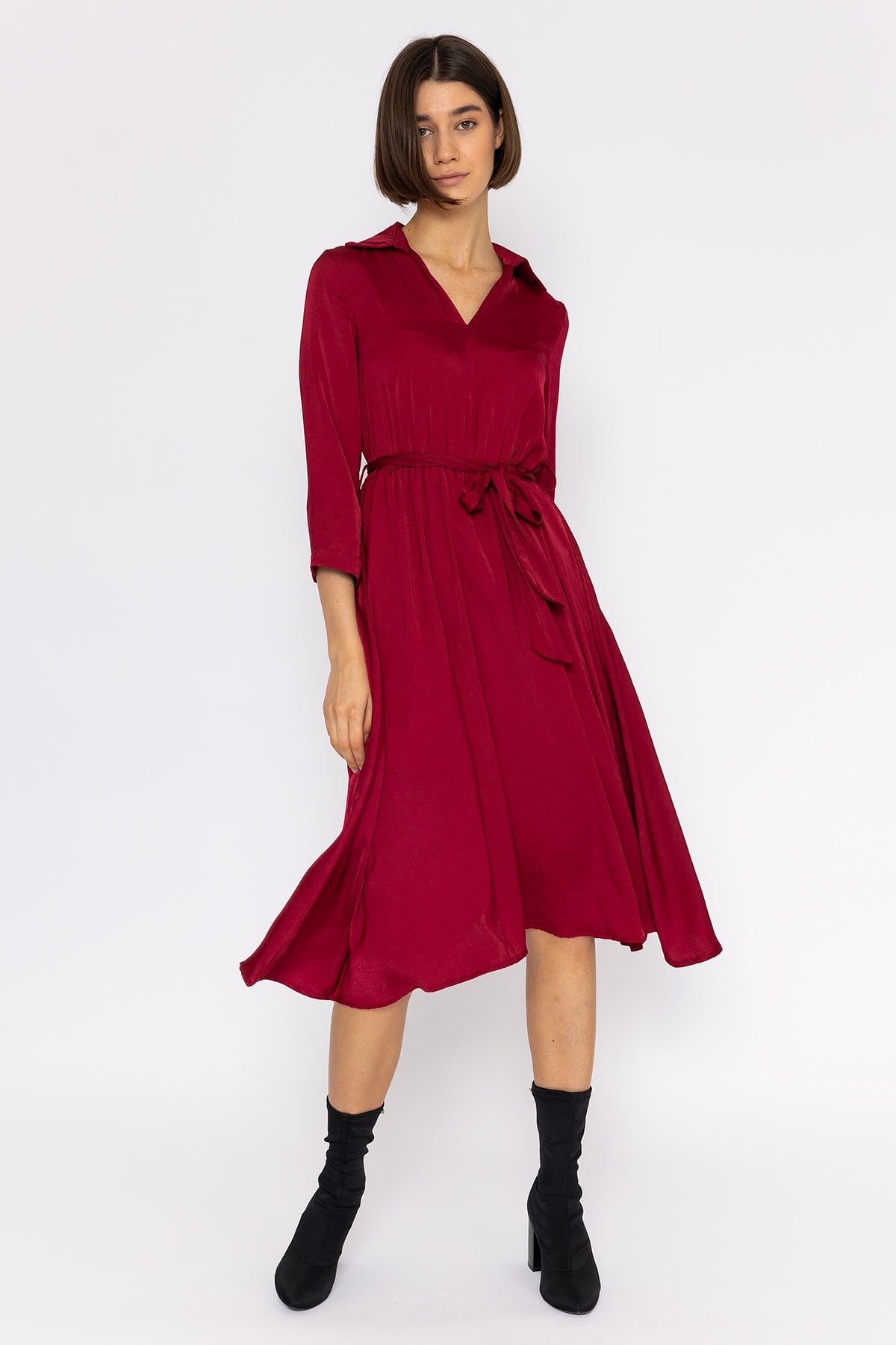 Satin V-Neck Dress in Burgundy - Midi Dress | Carraig Donn