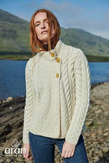 Merino Wool Cardigan in Cream - Aran Woolen Mills | Carraig Donn