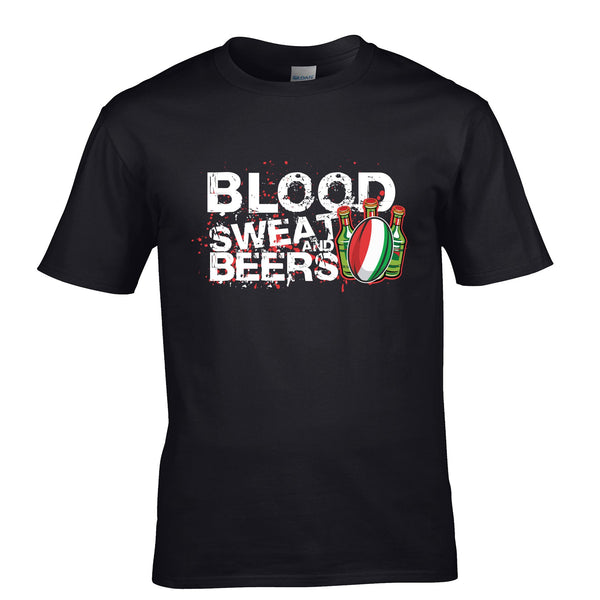 Black Italy Rugby Supporters T Shirt Blood, Sweat And Beers