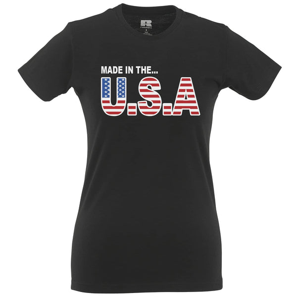 American Womens T Shirt Made In The USA Stylised Flag Text – Shirtbox