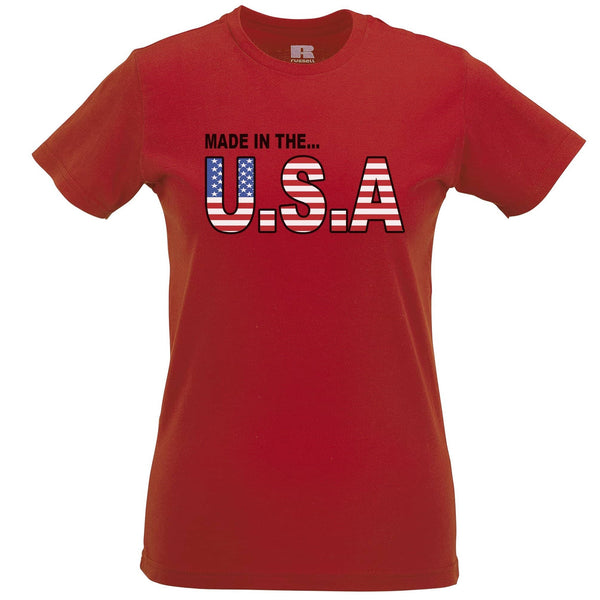 American Womens T Shirt Made In The USA Stylised Flag Text – Shirtbox