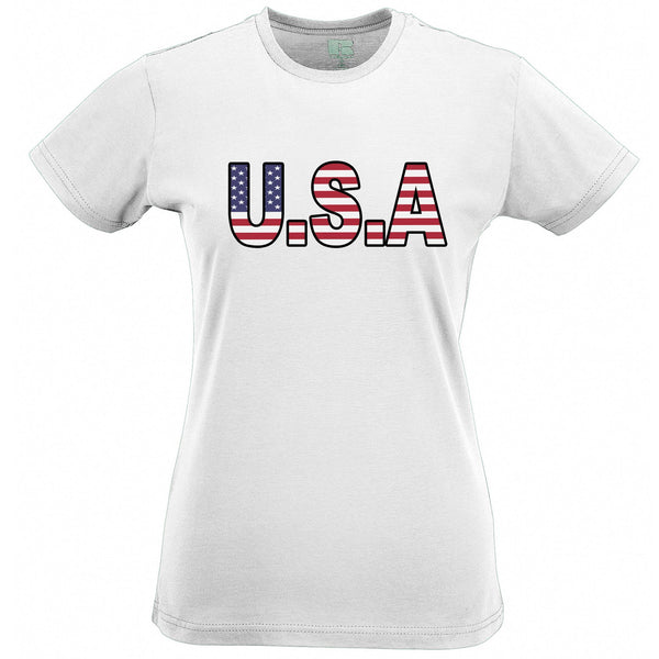 American Womens T Shirt USA Stylised Flag Text – Shirtbox