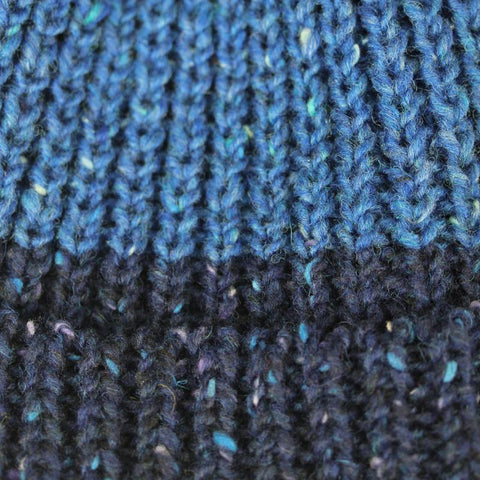 Closeup of Papat Blue Tweed Striped Wool Hat