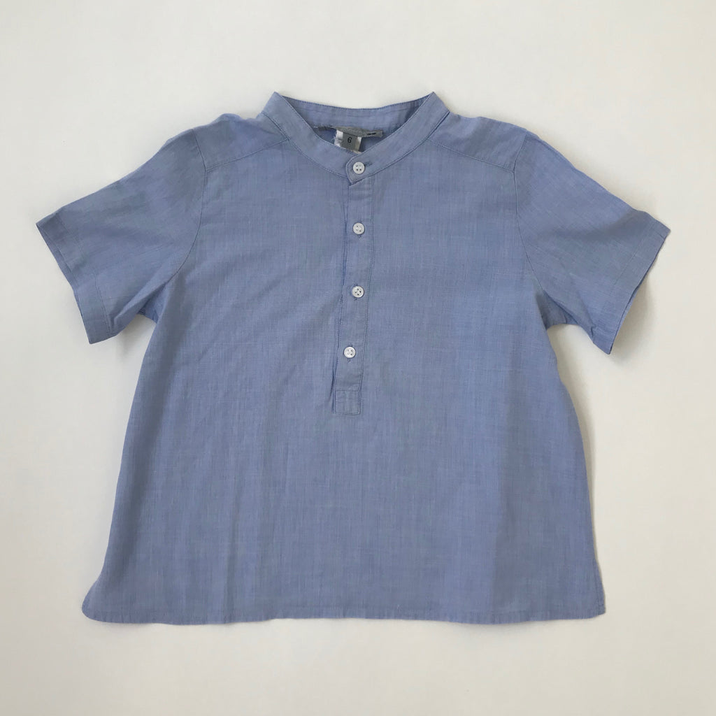 Bonpoint Blue Chambray Short Sleeve Collarless Shirt:8 Years – Littlest ...