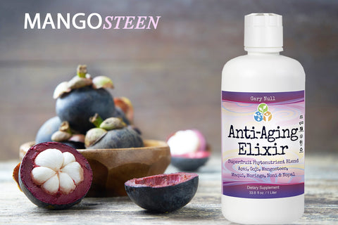 A bottle of Anti-Aging supplement next to mangosteen