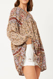 HY5096 TAUPE Womens Floral Border Print Long Sleeve Surplice Tunic Detail