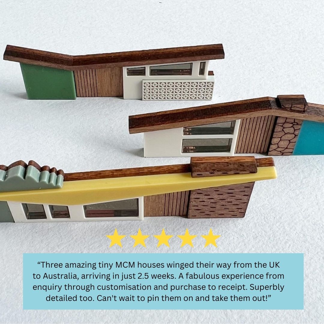 Three house brooches seen from above with the customer's review text below.