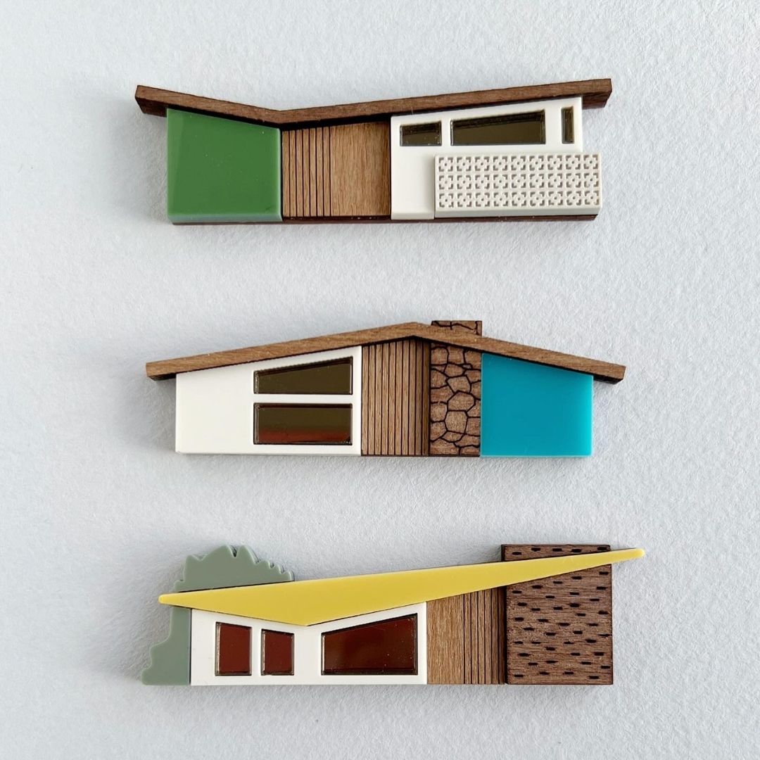 Three finished miniature midcentury house brooches handmade by Tiny Scenic