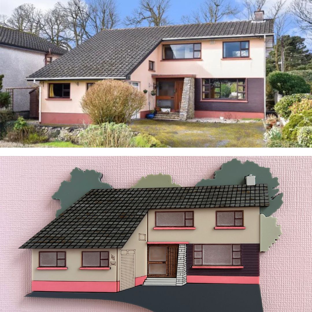 A photo of a house along with a miniature artwork of the same house below