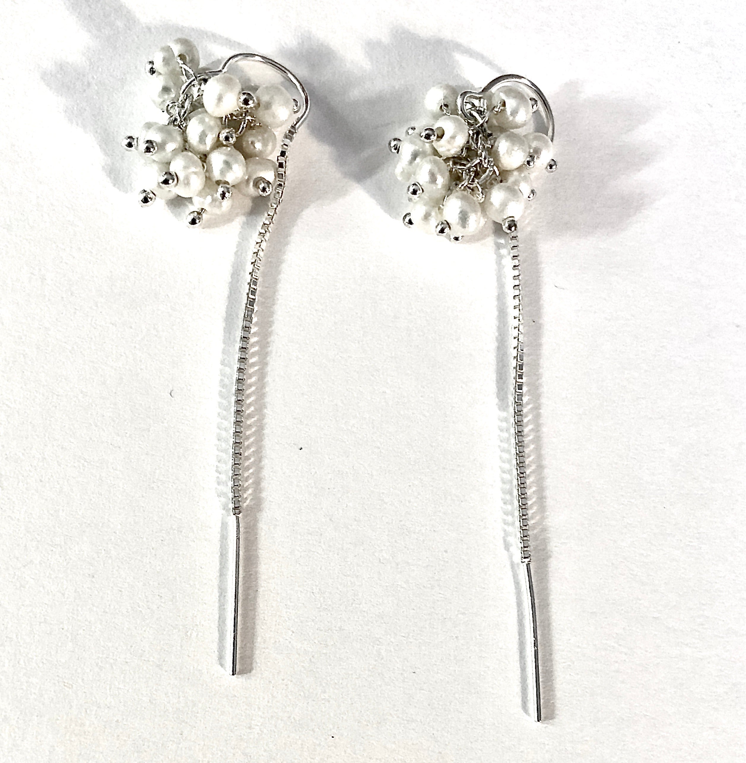 Pearl Cluster Threader Earrings, hypoallergenic jewelry sterling silver