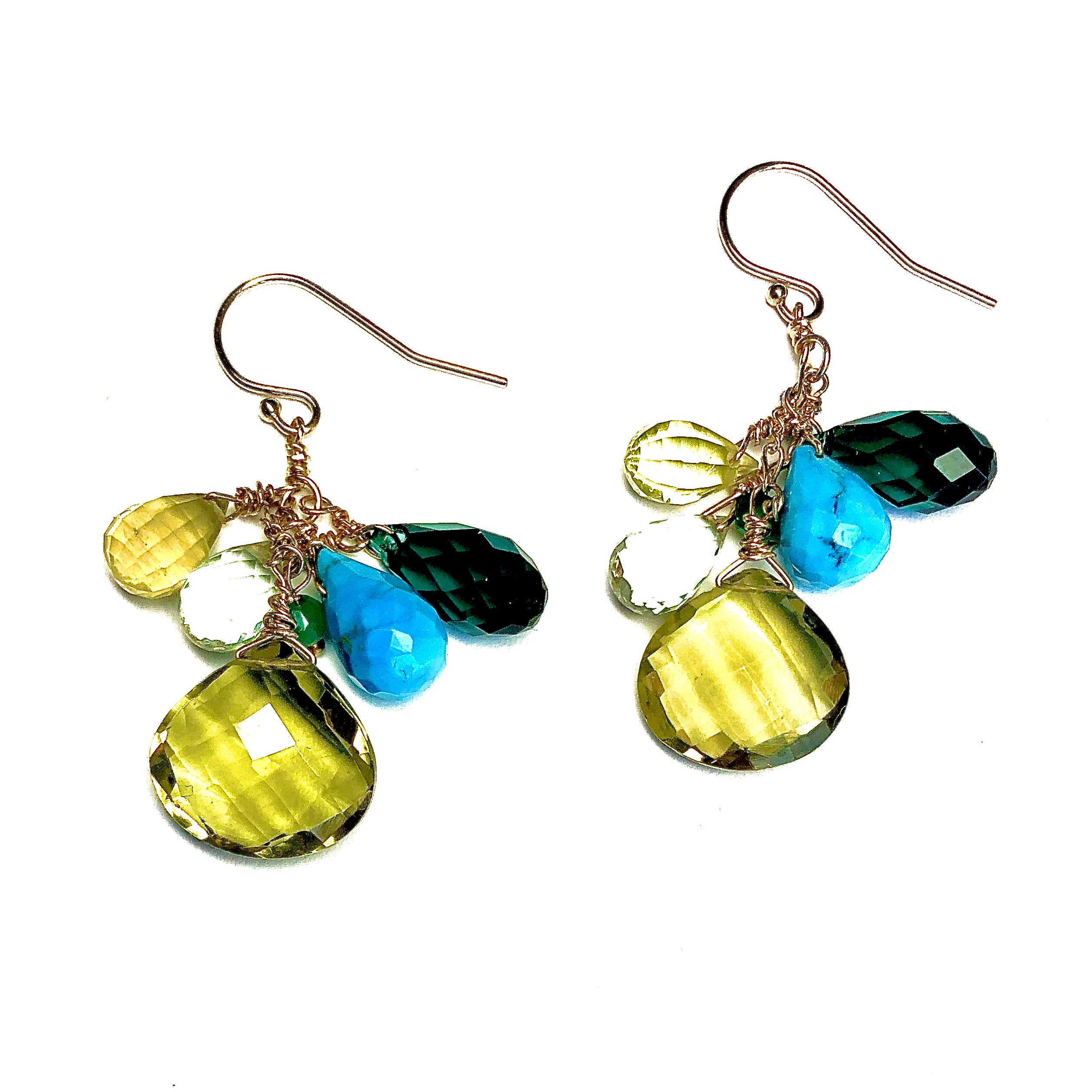 Lime green quartz green blue earrings, hypoallergenic jewelry