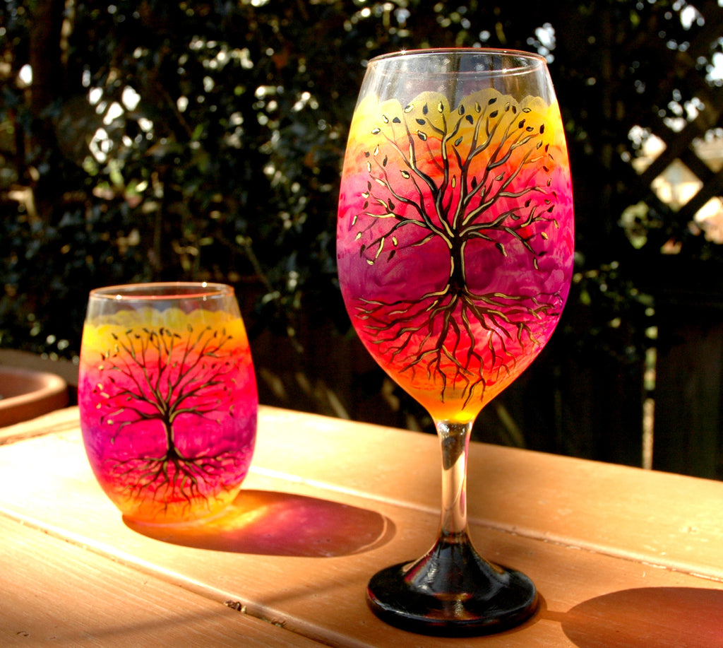 Tree of Life Hand Painted Wine Glass and Stemless Wine Glass