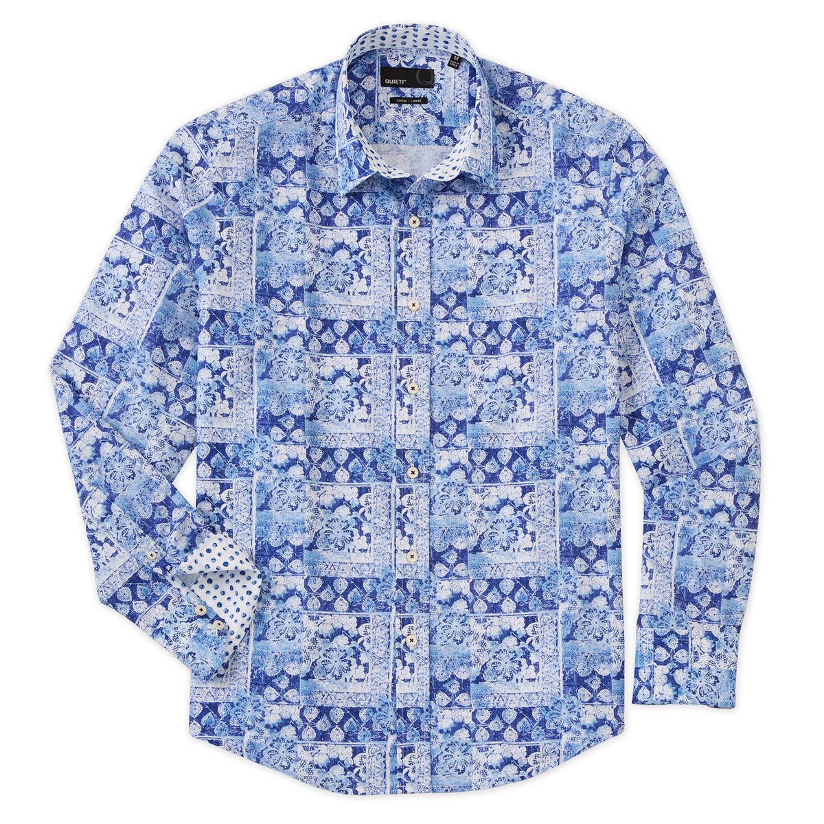 Connor Men's Long Sleeve Blue Modern Tile Print Shirt - QUIETI