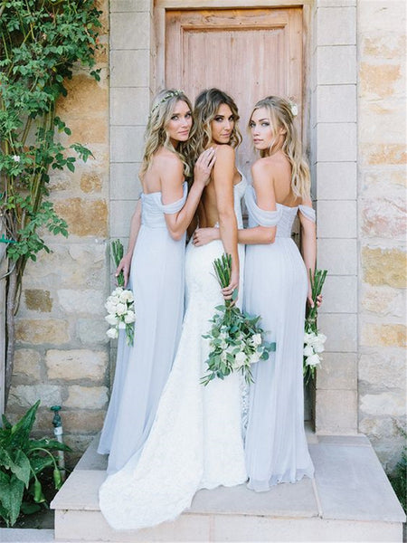 dusty blue off the shoulder bridesmaid dress