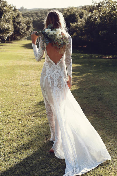  Bohemian  Long Sleeve Open Back Wedding  Dress  Bridal  Gown  