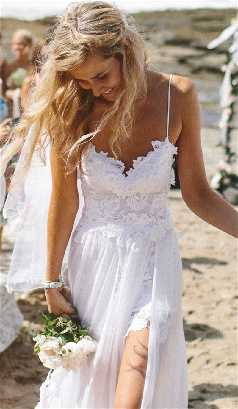 Beach Wedding Dress Sexy Spaghetti Strap Bridal Gowns Romantic Bohemian Wedding Dress Lace Wedding Bridal Gowns Plus Size Lace Wedding Dress Sexy