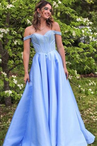 V Neck Off Shoulder 2 Pieces Beads Blue Tulle Long Prom Dress, Blue 2 ...