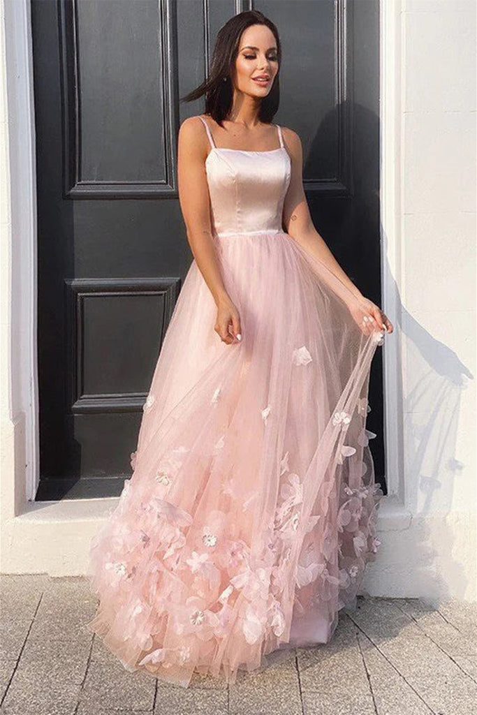 A Line Pink Floral Long Prom Dress, Pink Formal Graduation Evening Dre –  abcprom