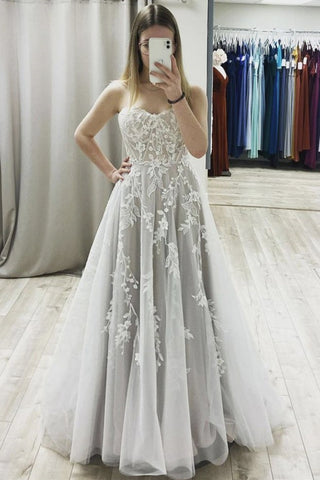 A Line Sweetheart Neck Gray Lace Long Prom Dress, Gray Lace Formal Graduation Evening Dress A1326