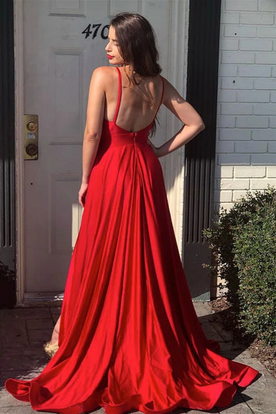 A Line V Neck Backless Red Long Prom Dress With High Slit