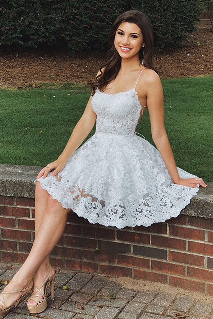A Line Backless Lace White Dresses Short Prom Dresses, Whit