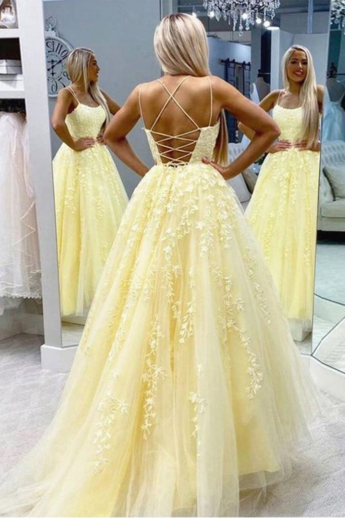 A Line Floor Length Lace Yellow Tulle Long Prom Dress Yellow Lace For