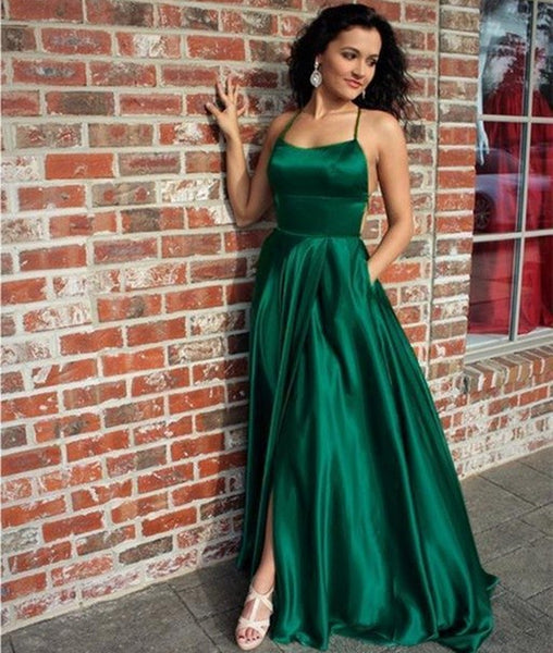 A Line Halter Neck Backless Long Emerald Green Prom Dresses with Pocke ...